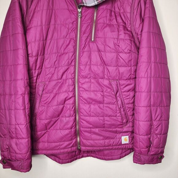Carhartt Womens Puffer Jacket Flannel Lined Hooded Purple Pink Size Medium - Picture 3 of 14